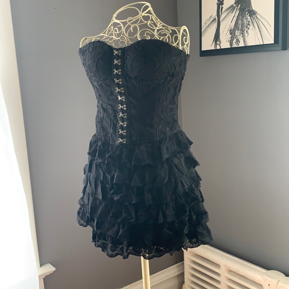 Black Lace Strapless Corset dress with lace-up back, party dress, whimsigoth y2k